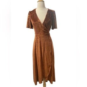 Simplee Shimmer Brown Butterfly Sleeve Hi/Lo Wrap Dress-size Small